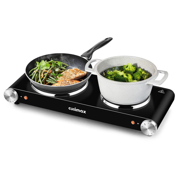 Cusimax - Back to School Double Burner Electric Hot Plate 1800W, Portable Countertop Cooktop for Apartment, Dorm & RV - Black