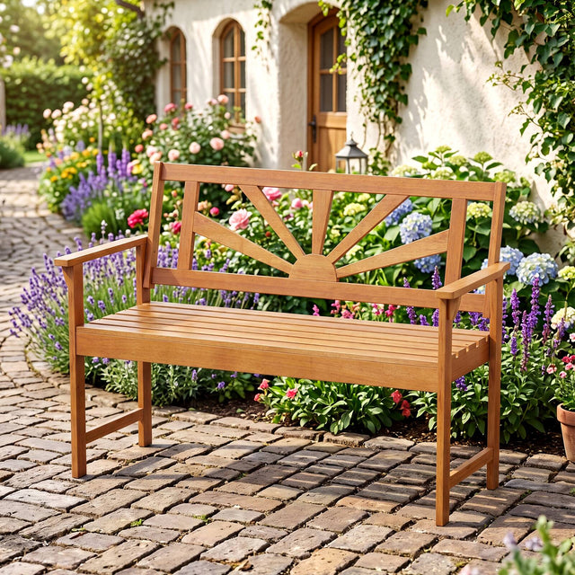 Front. Gymax - Gymax Acacia Wood Loveseat Bench 2-Seater Outdoor Garden Bench w/Backrest & Armrests - Yellow.