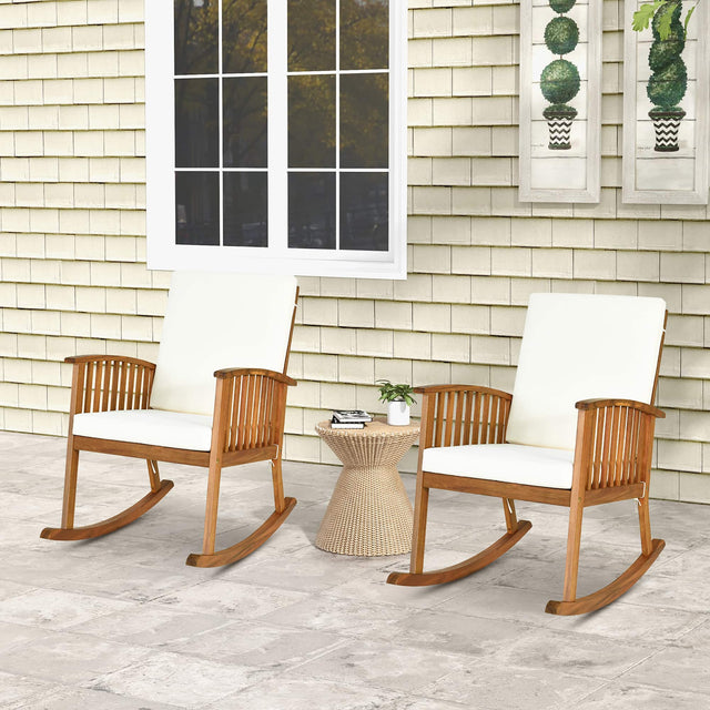 Front. Gymax - Gymax 2PCS Patio Wooden Rocking Chair Lawn Garden Outdoor w/ Armrest Cushion - Teak.