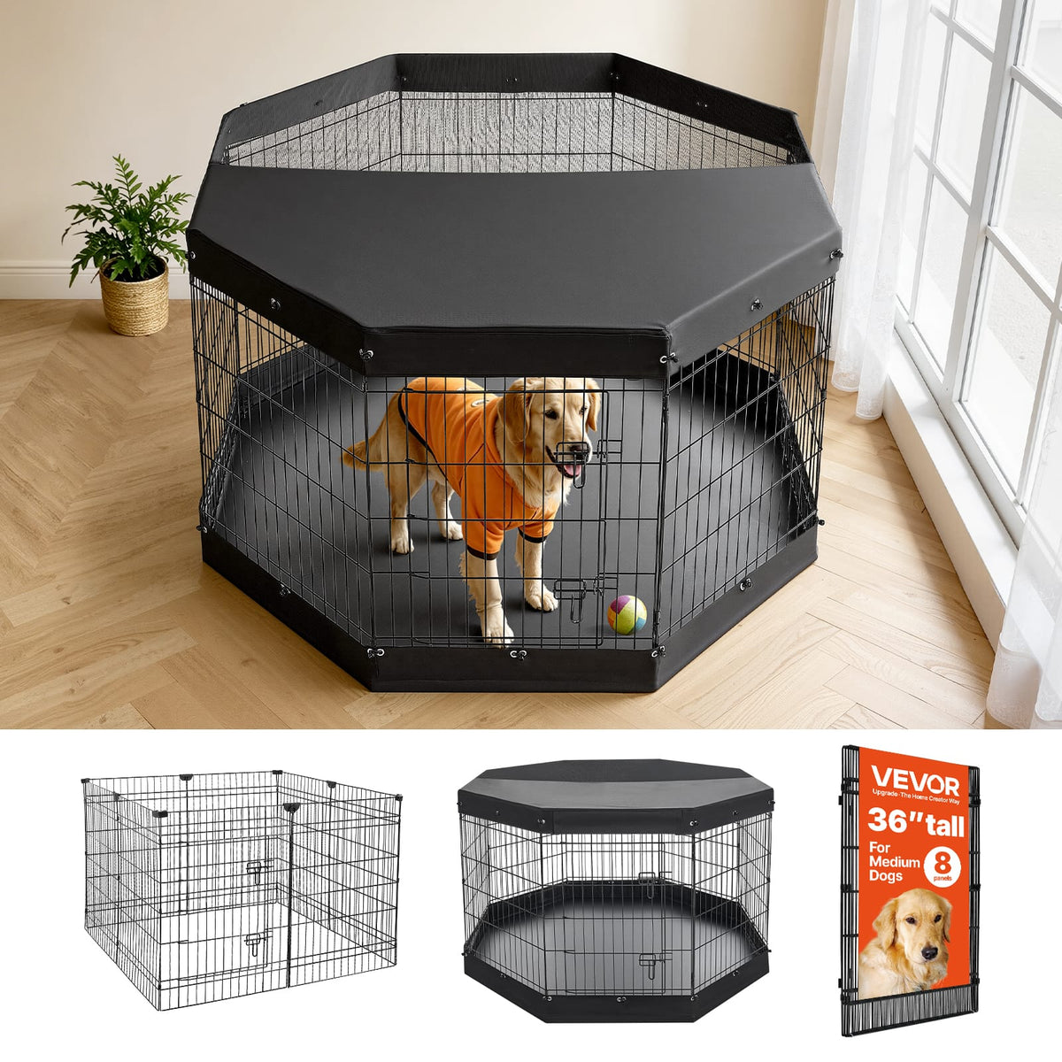 VEVOR - Dog Playpen 36 Inch 8 Panels Exercise Pen with Top Cover & Bottom Pad, Indoor Foldable Metal Pet Fence with Door - Black