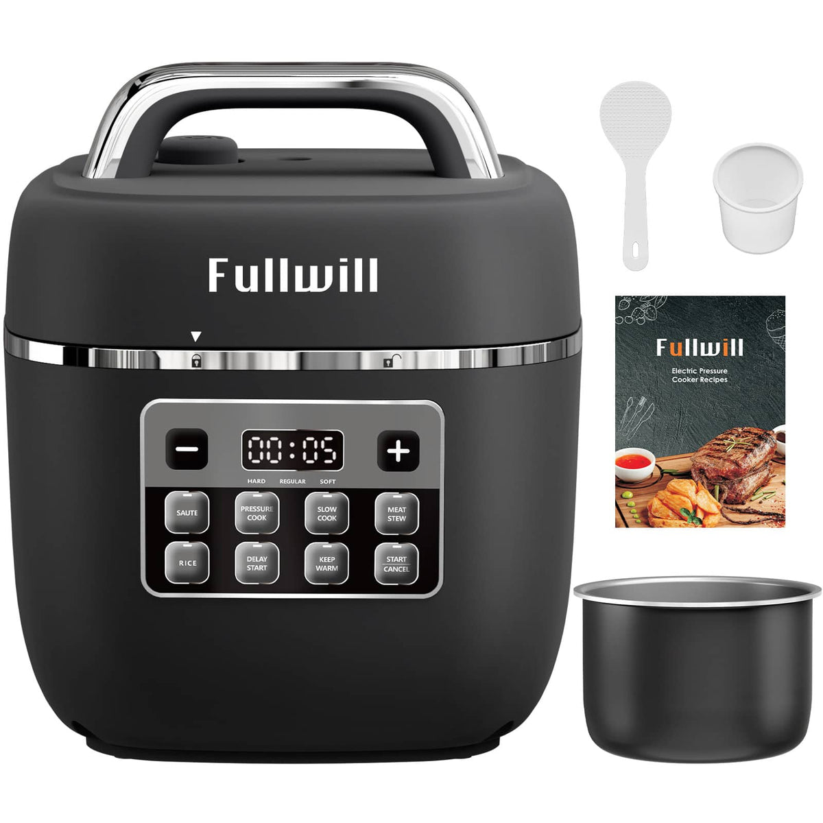 Fullwill - 3Qt Electric Pressure Cooker, 700W Compact Multi-Cooker, Ceramic Nonstick Pot, 8 Functions - Black