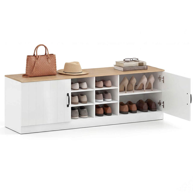Front. Costway - Costway 2-Door Shoe Bench wirh Adjustable Shelves & 6 Compartments, Hidden Storage Space - Natural+White.