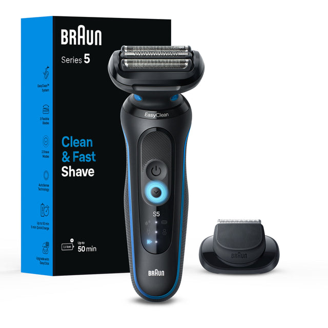 BRAUN Series 5 EasyClean System  
Clean & Fast Shave  
2 Shave Modes & Fast Shave  
AutoSense Technology  
Up to 50 min  
Upgrade with EasyClick  
Up to 50 min