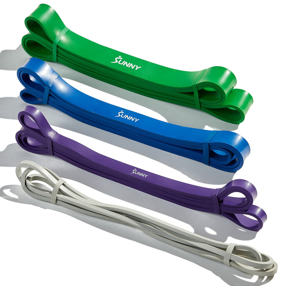 Sunny Health & Fitness - Strength Training Resistance Band Set, 4-Piece, 15–95 LB, Natural Latex - Gray, purple, blue, green