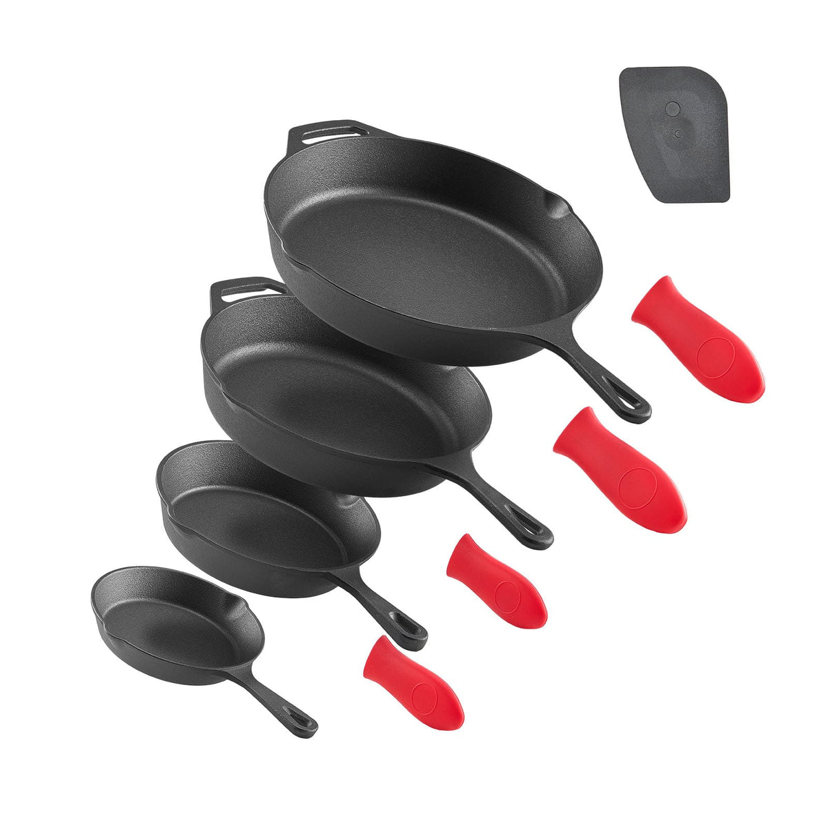 VEVOR - Cast Iron Skillet Set, 4-Piece Frying Pan Collection (6, 8, 10, 12 in), Pre-Seasoned Pans with Silicone Handles - Black