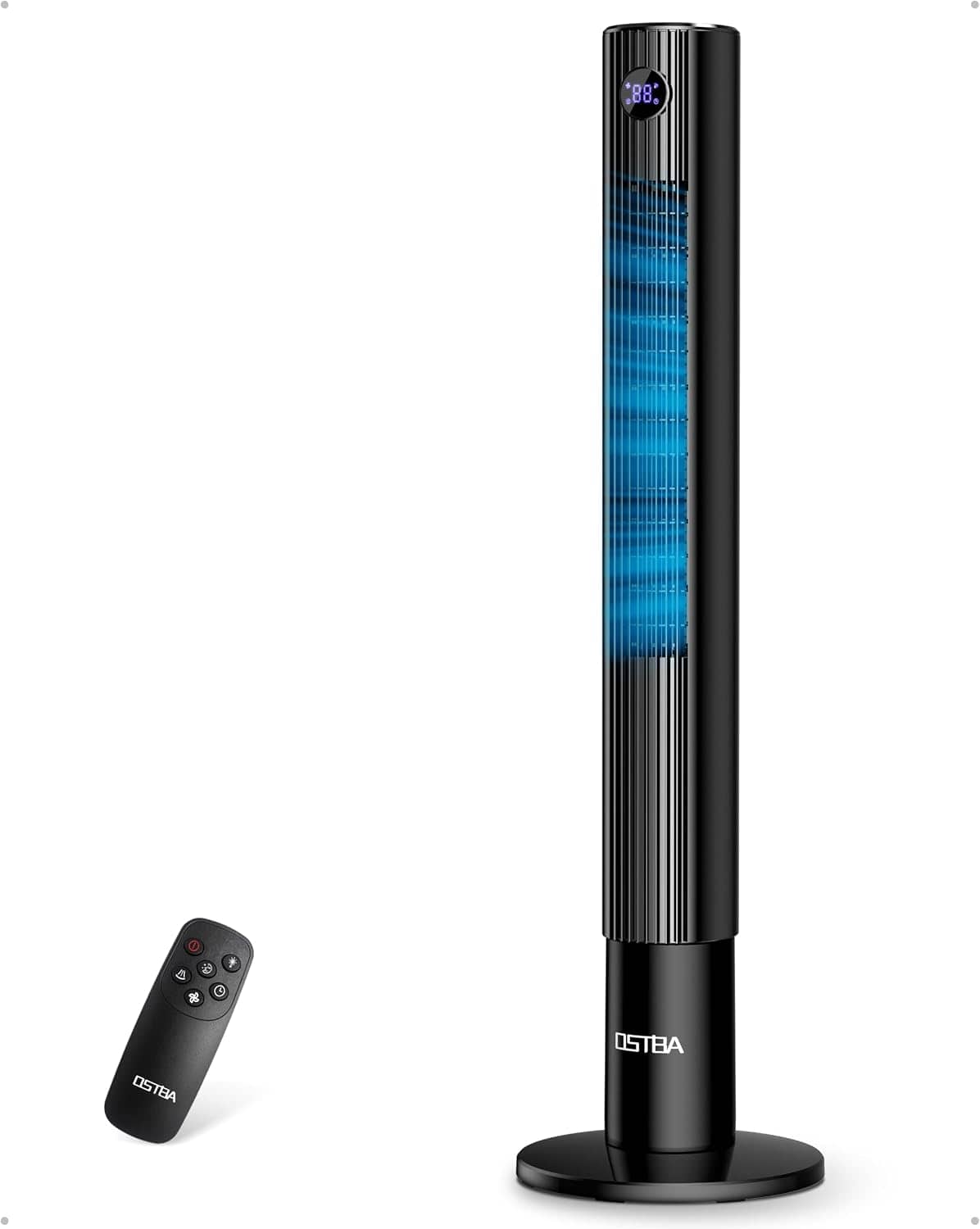 OSTBA - 43'' Tower Fan for Bedroom, 85° Oscillating, 12H Timer - Black