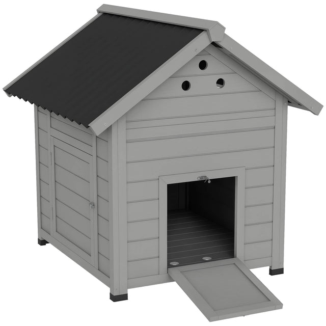 Front. Pawhut - Coop, Wooden Duck House with Openable Roof & Double Doors - Light Gray.