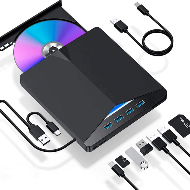 Front. Topteng - 7-in-1 External BD Burner – USB 3.0 & Type-C, Read/Write Blu-ray, SD/TF Slots, 4 USB Ports, Fit for Laptop & Desktop - Black.
