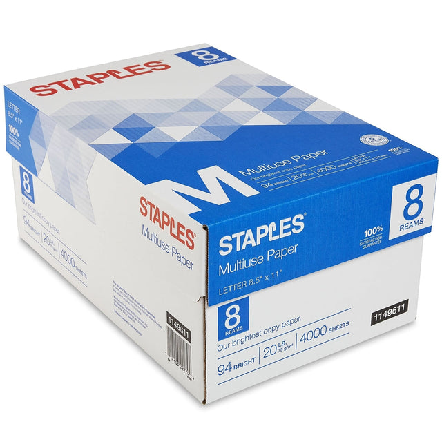 STAPLES  
Multiuse Paper  
LETTER 8.5" x 11"  
8 REAMS  
Our brightest copy paper.  
94 BRIGHT | 20 lb. | 75 g/m² | 4000 SHEETS  
100% SATISFACTION GUARANTEE  
1149611