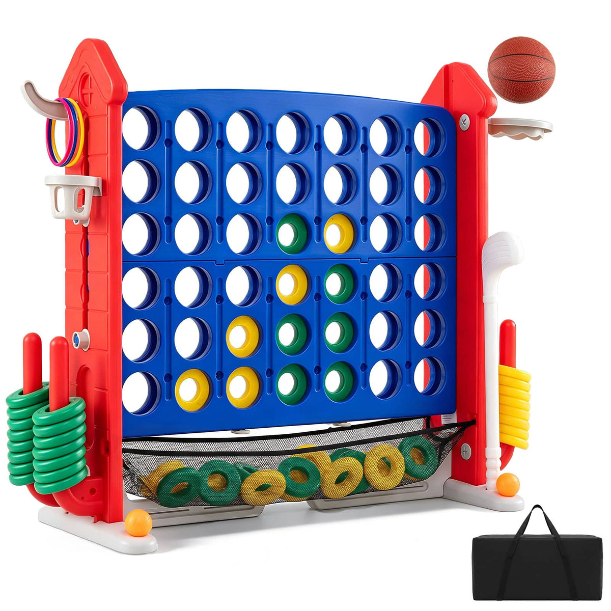 Costway - 4 in a Row Connect Game with Mesh Net, Carrying Bag, Height Adjustable, Ring Toss - Blue+Red