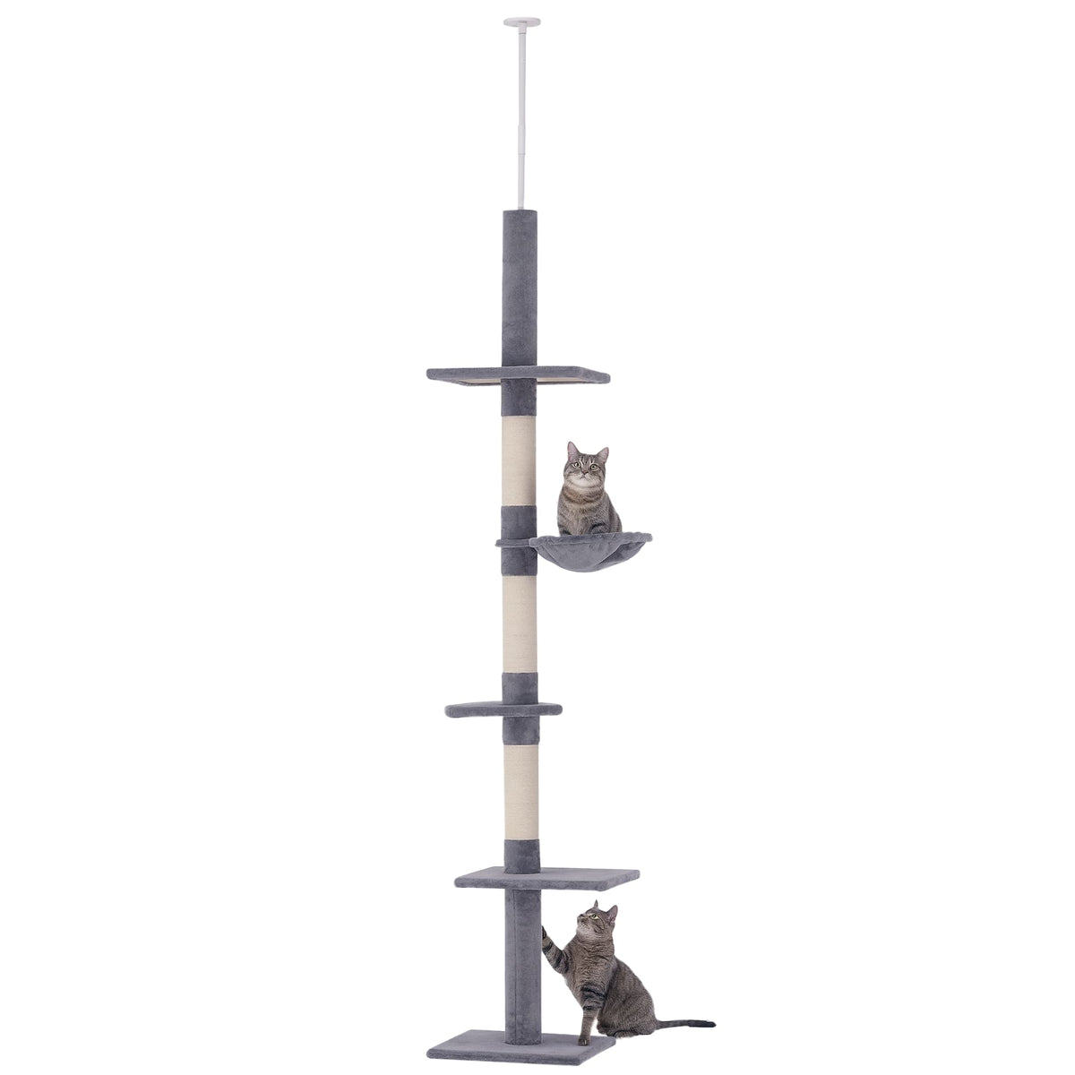 Pawhut - 102" Adjustable Height Floor to Ceiling Cat Tree, 5 Level Cat Tower with Scratching Posts, Hammock - Gray