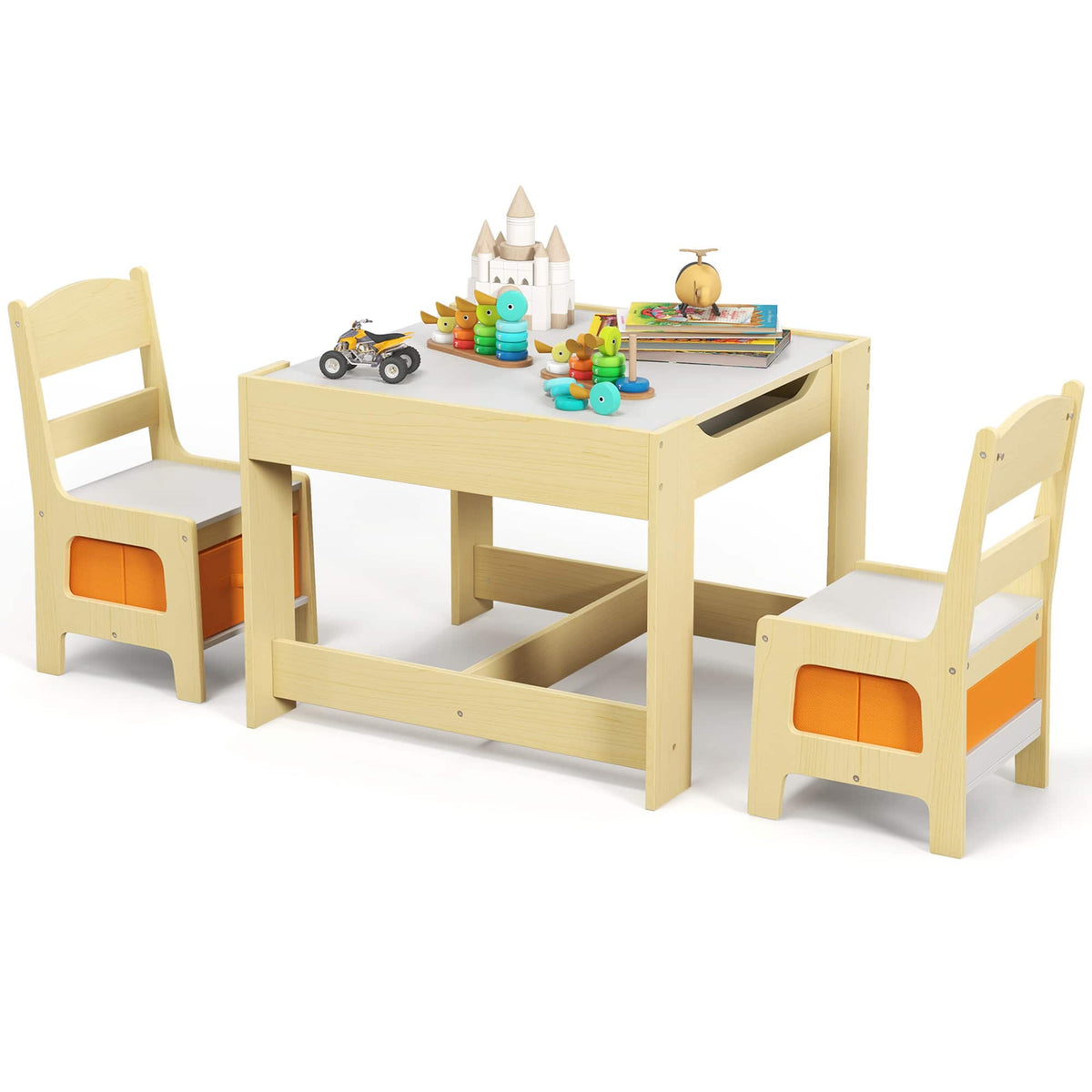 Costway - Kids Table Chairs Set With Storage Boxes Blackboard Whiteboard Drawing - Natural