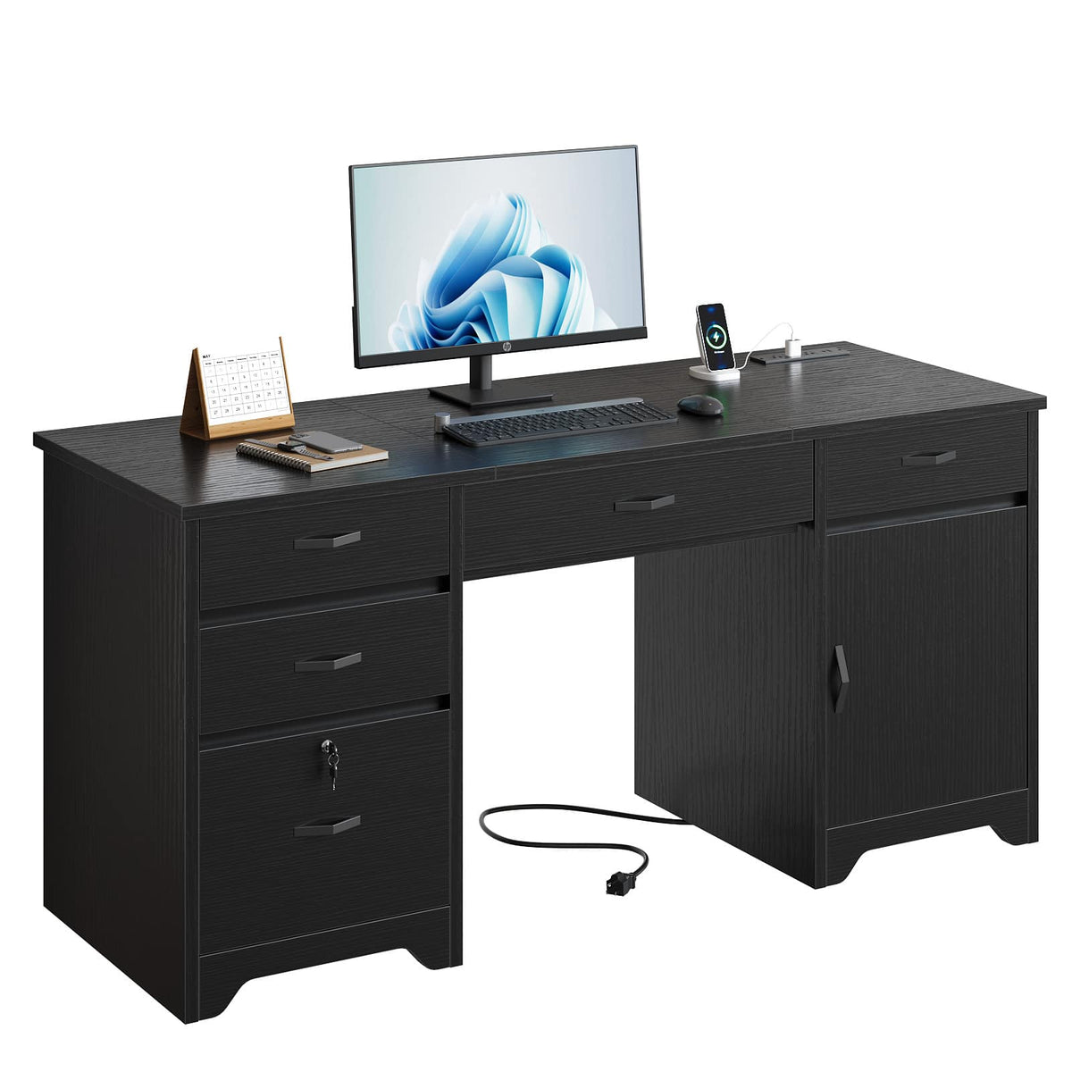 Bestier - 59-inch Office Desk with Charging station, File Drawers & Cabinets for Study & Bedroom - Black