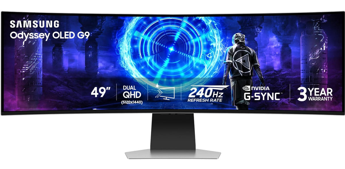 Samsung - 49" Odyssey OLED G9 Curved Dual-QHD 240Hz FreeSync Prem Pro and G-Sync Compatible Smart Glare Free Gaming Monitor - Silver