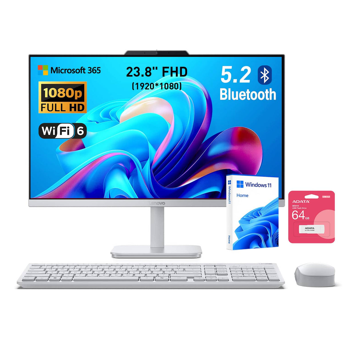 Lenovo - Upgraded - A100 23.8" FHD All-in-One - Intel Core i3-N305 - 16GB RAM 512GB SSD - Wireless Keyboard & Mouse - Adata 64GB USB Drive - Gray