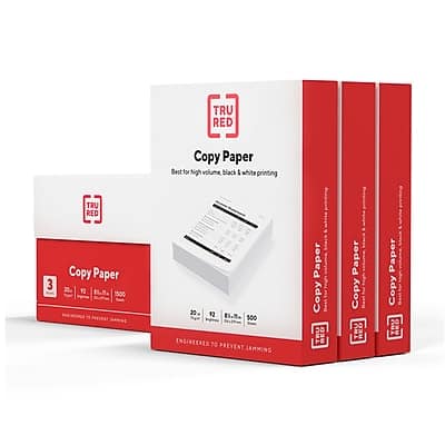 TRU RED Copy Paper  
Best for high volume black and white printing  

TRU RED Copy Paper  
3 Reams  
20 lb  
92 Bright  
100 Sheets per Ream  
1500 Sheets Total  

Engineered to Prevent Jamming  

Copy Paper  
20 lb  
92 Bright  
100 Sheets per Ream