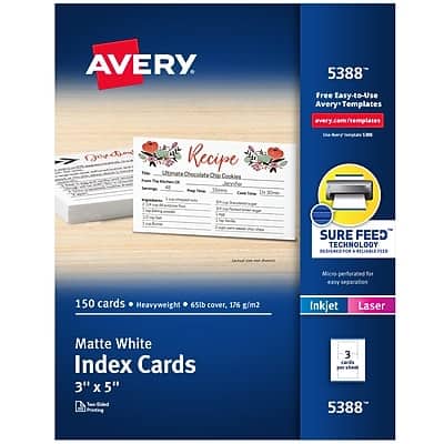 Avery - Index Cards, 3" x 5", Laser/Inkjet, 150/Pack - Matte White