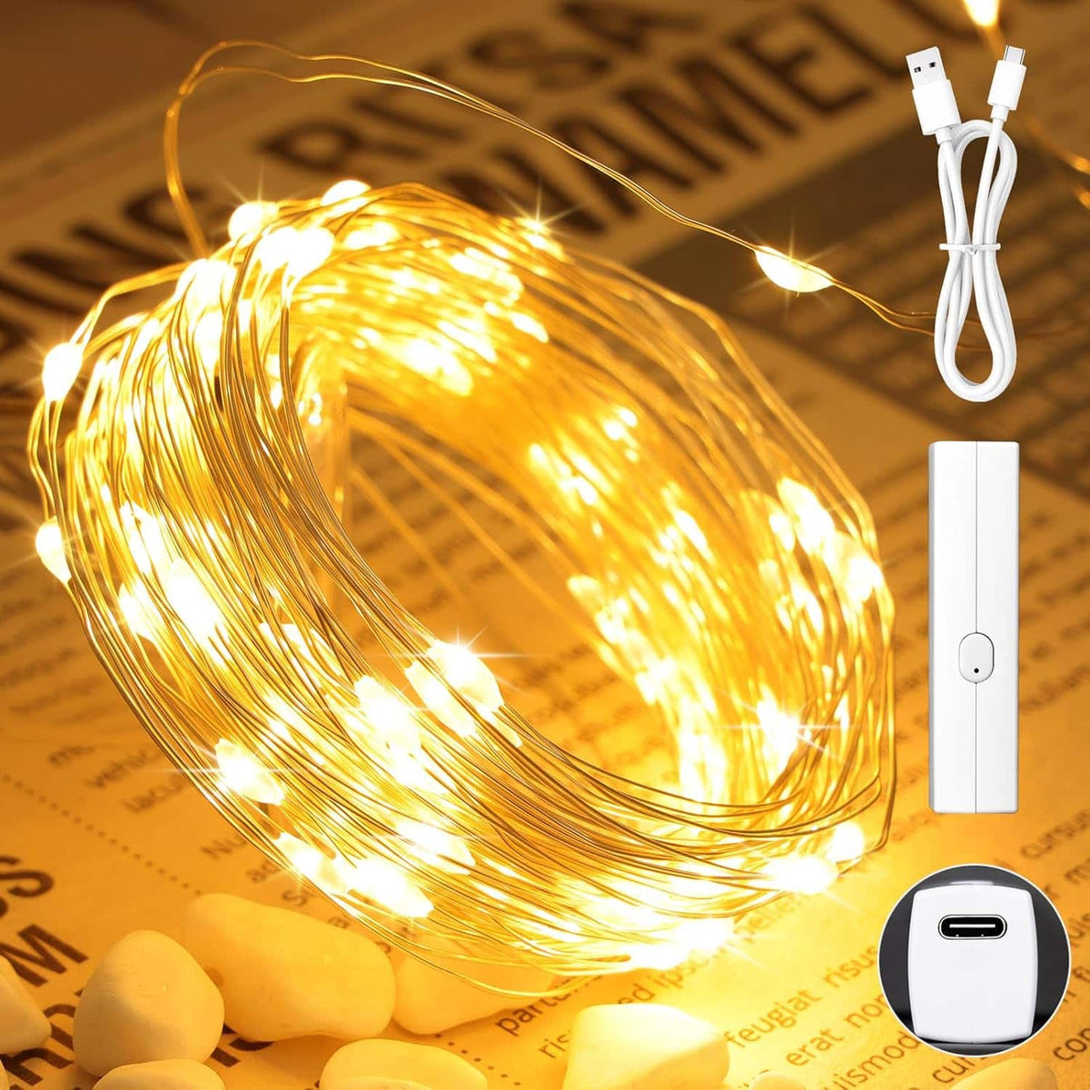 Nordic Hygge - Lipstick Rechargeable Fairy Lights Battery Operated, Twinkle Lights with Timer, Mini LED String Lights for Bedroom - Warm White