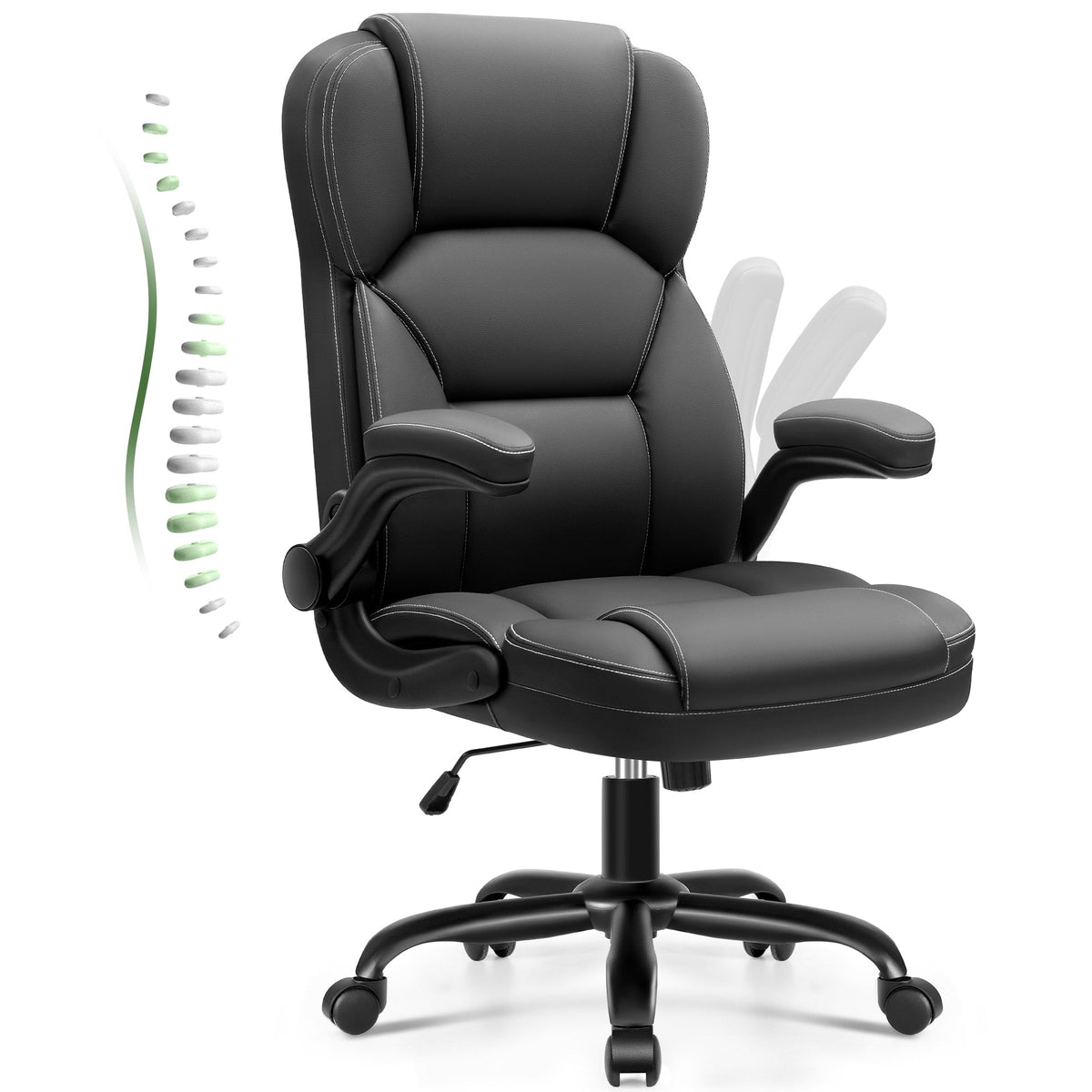 Brick Attic - Leather Office Chair with Flip Up Arms, 360° Swivel Ergonomic Desk Chair with Wheels, Adjustable Height Computer Chair - Black