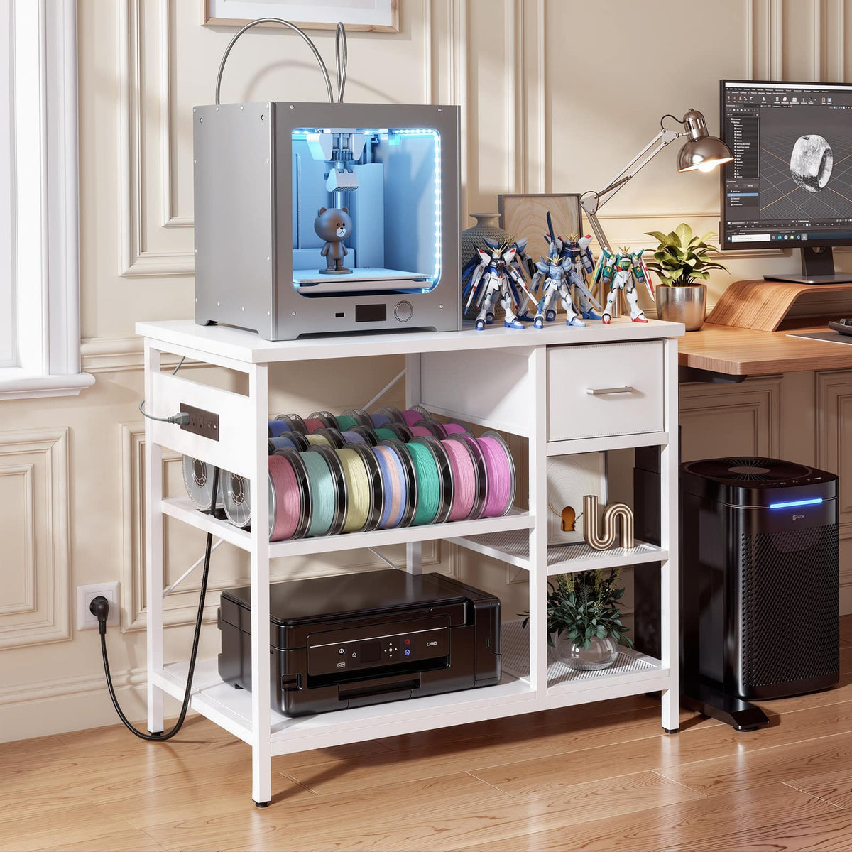 Aheaplus - 3D Printer Stand with Filament Starage and Charging Station, 3-Tier 3D Printer Tabel with Fabric Drawer - White