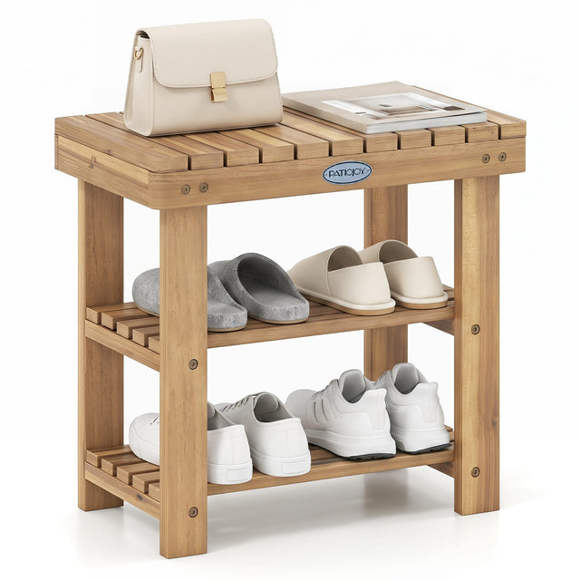 Front. Costway - Costway Solid Wood Shoe Rack Bench, 3-Tier Free Standing Shoe Organizer for Front Door - Natural.