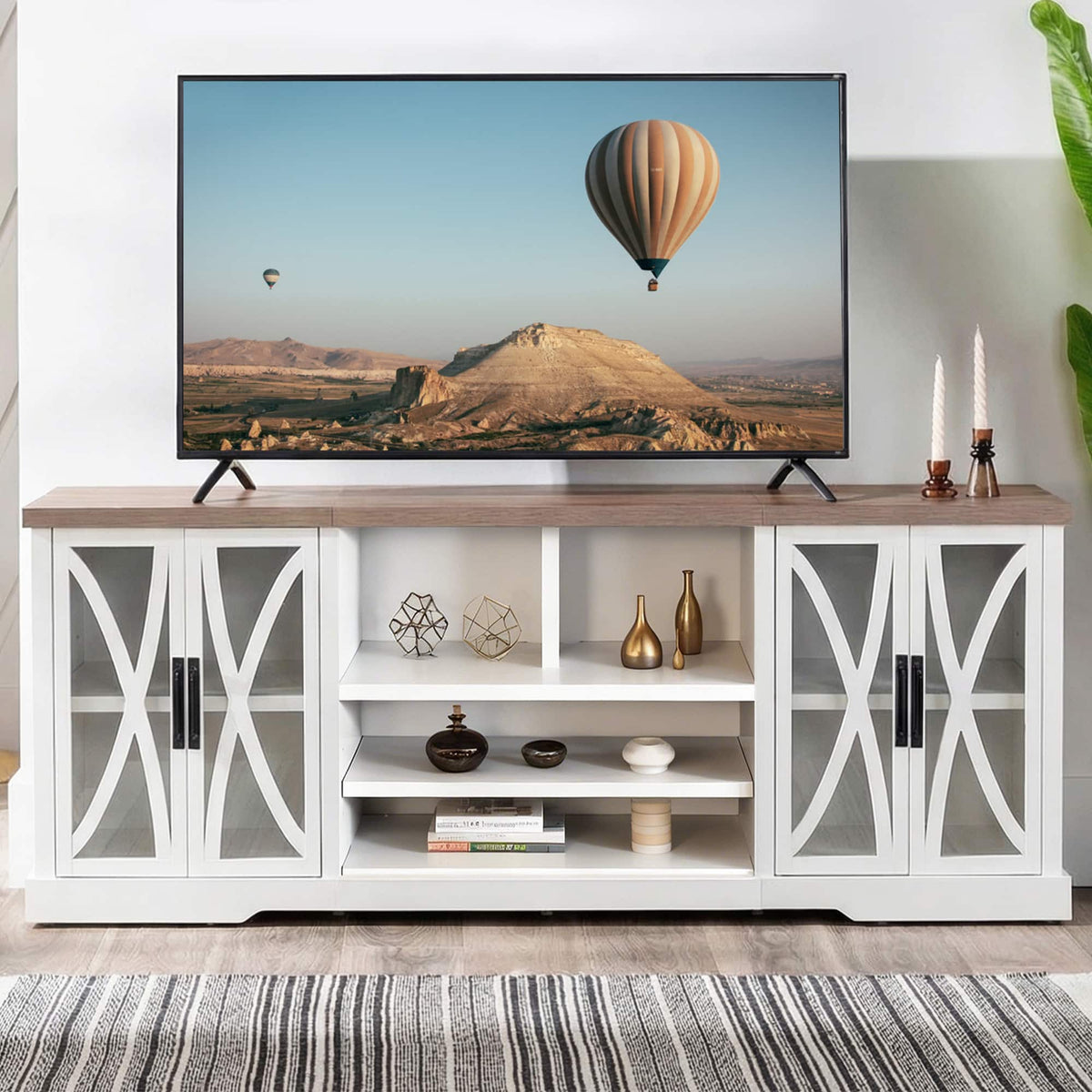 Ihomeadore - 93" Farmhouse TV Stand Media Storage Cabinet with Open Storage Shelves and Cabinets for TV up to 85" - White