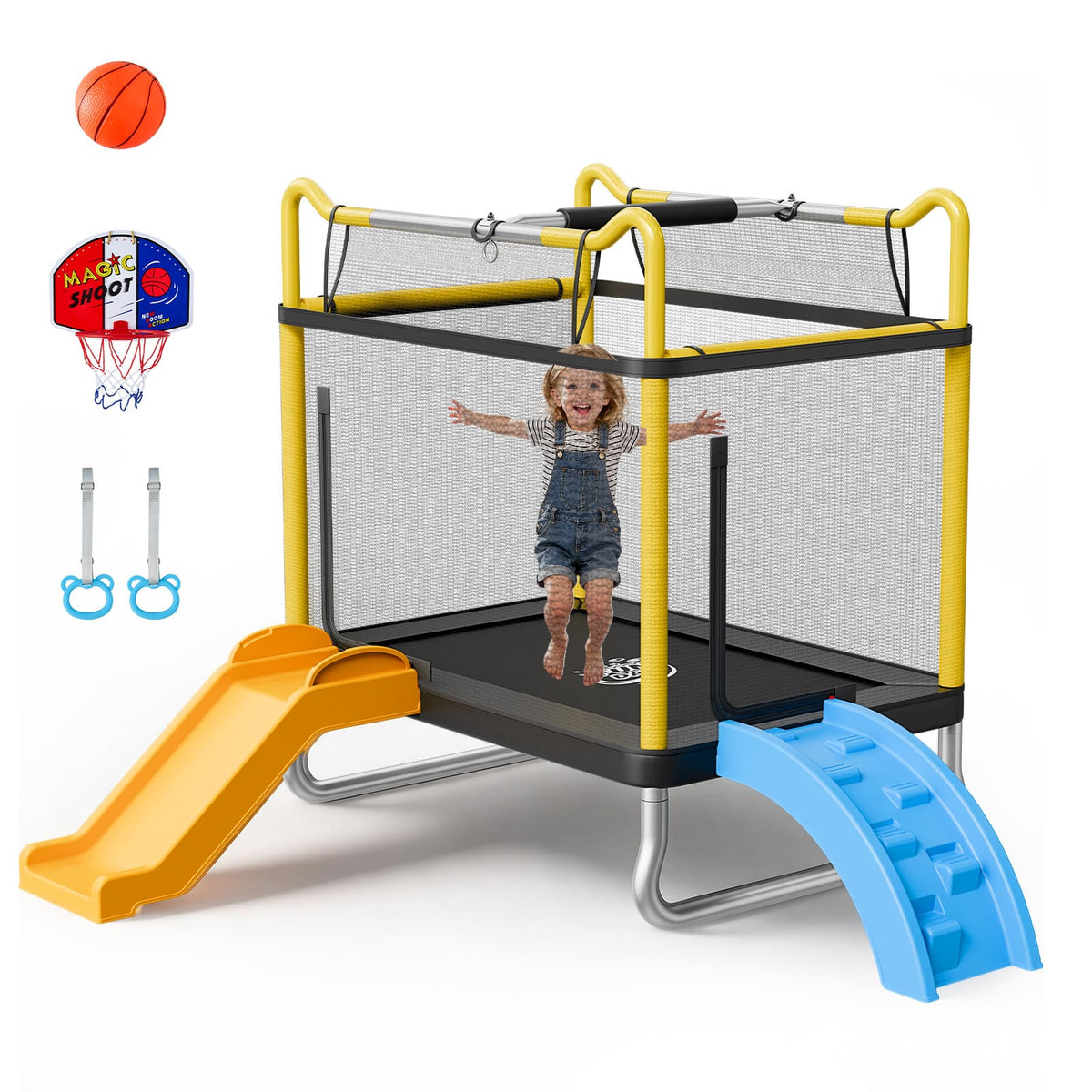 VEVOR - Trampoline for Kids,Toddler Mini Trampoline,132 lbs Capacity Indoor Outdoor Play Toys with Enclosure Net,Slide, and Ring - Yellow;Blue