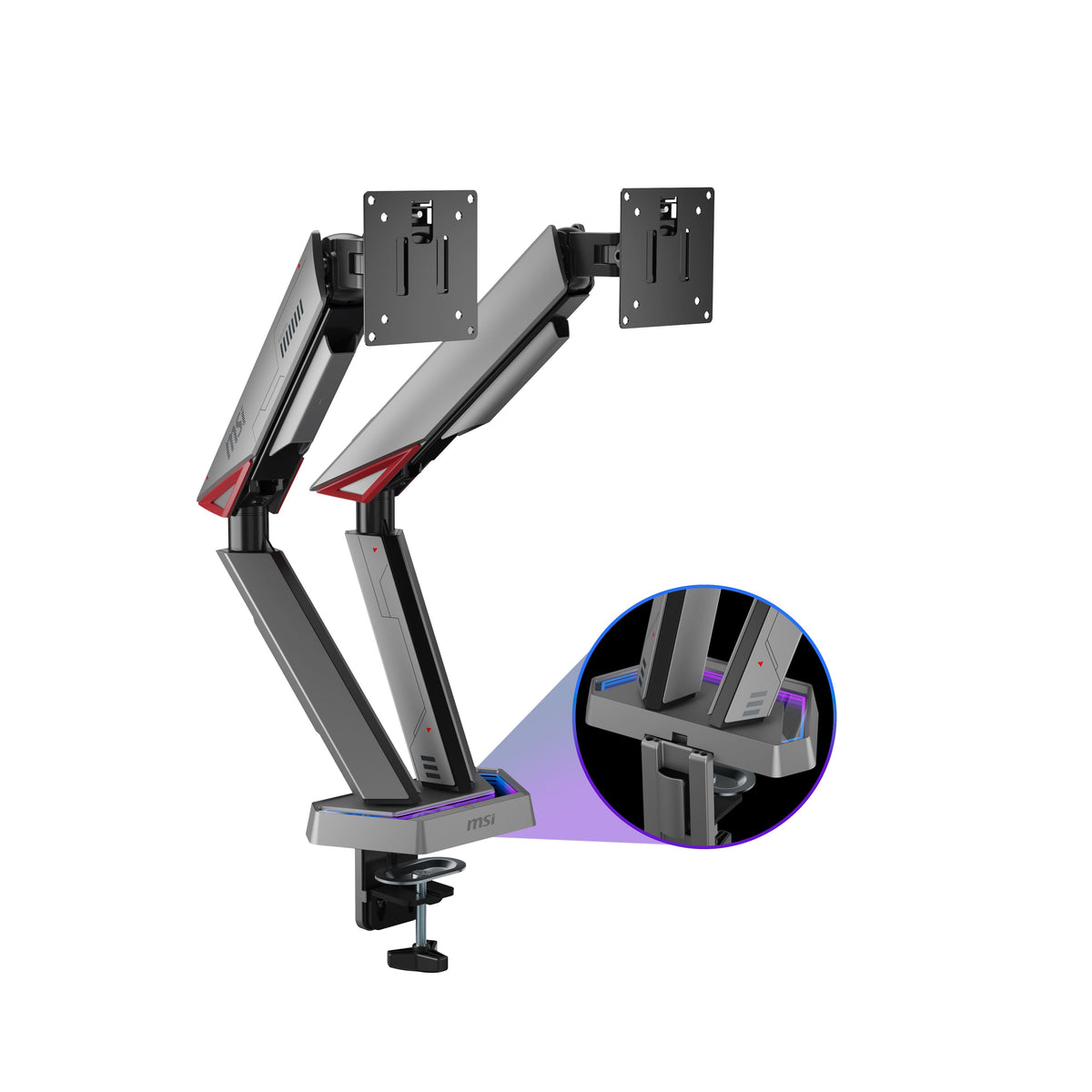 MSI - MPGMT161DR Dual RGB Monitor Arm–Adjustable Spring Desk Mount, VESA Compatible,17–38in,35 lbs per Screen,Clamp & Grommet - Iron Gray
