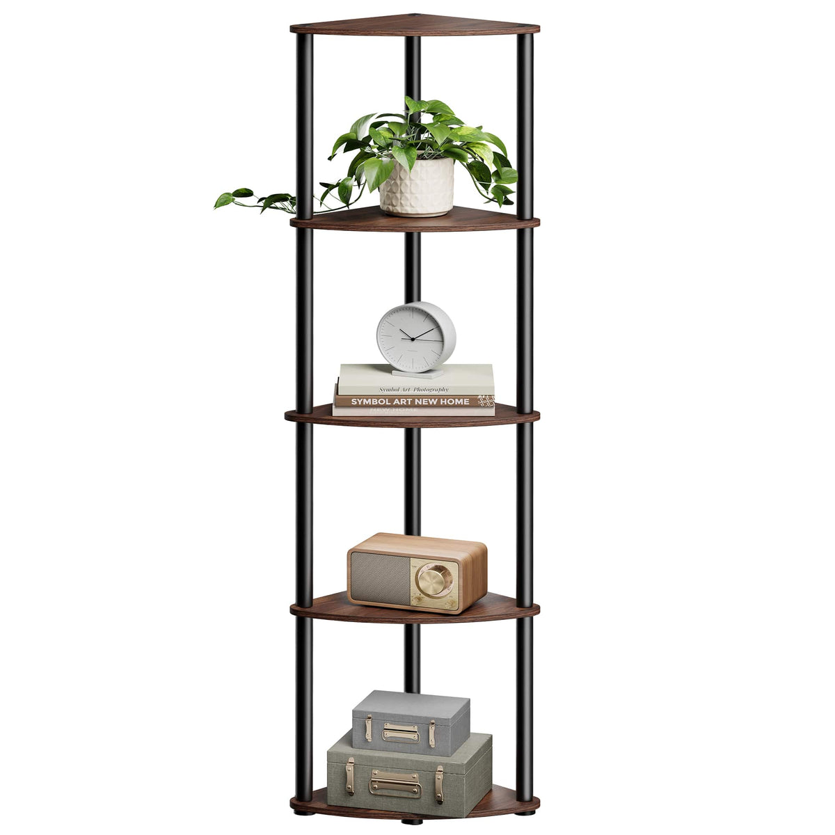 Songmics Home - Corner Shelf, Superfast Toolless Assembly, 5-Tier Corner Standing Shelf, Corner Shelf Stand, Living Room, Bedroom - Somber Walnut