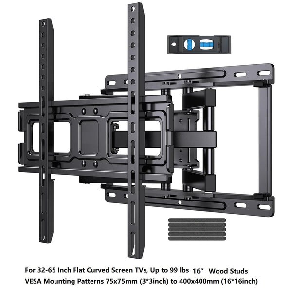 Perlesmith - Heavy-Duty Dual Articulating TV Wall Mount, Tilt Swivel Level Design for 32–65" TVs, Holds 99 lbs, VESA 400x400mm - Black