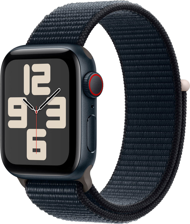 Front. Apple - Apple Watch SE 2nd Generation (GPS + Cellular) 40mm Midnight Aluminum Case with Midnight Sport Loop - Midnight.