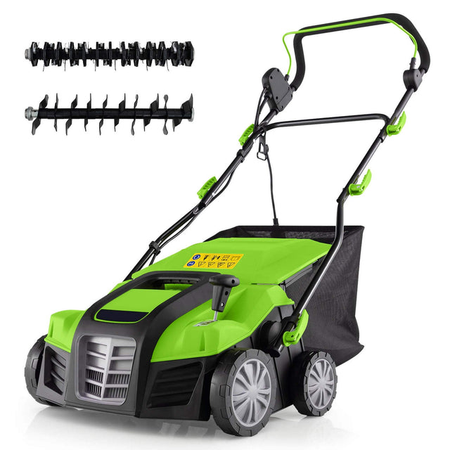 Front. Costway - Costway 16-Inch Electric Dethatcher & Scarifier 15A 2-In-1 Lawn Dethatcher - Green.