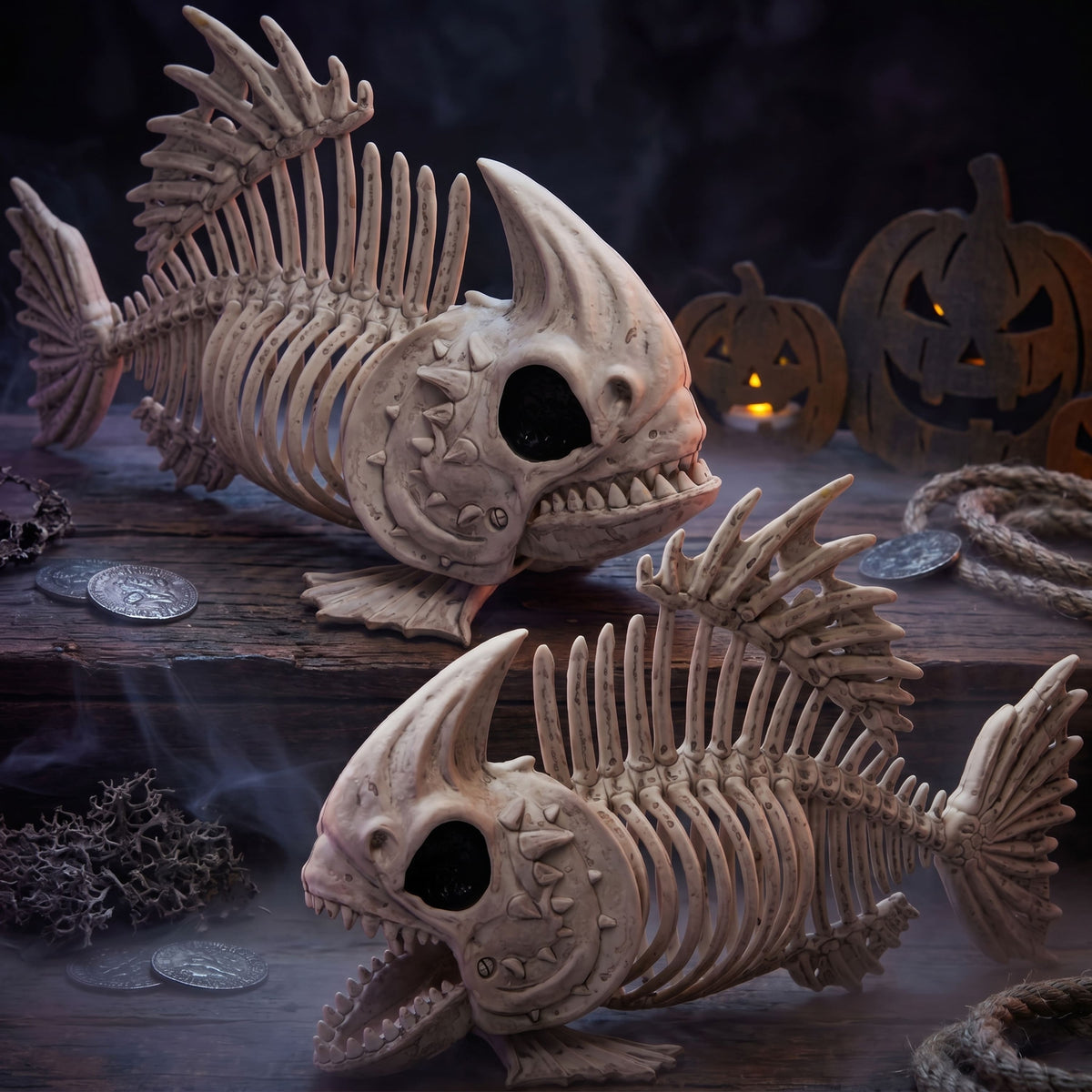 Joyfy - 2 PCS 9.5" Halloween Fish Skeleton Decorations Plastic Fish Bone Indoor Outdoor Decor Party Favors Haunted House Props - White