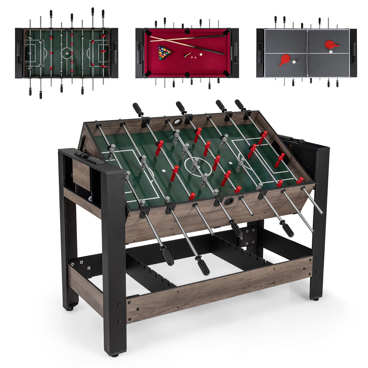 Gymax - 3-in-1 Swivel Game Table w/Foosball Pool Billiards Table & Ping Pong Tabletop - Brown