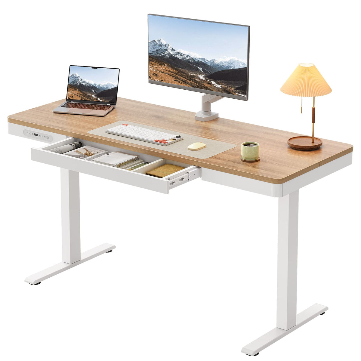 OffiGo - 55 Inch Electric Standing Desk with Storage, Height Adjustable Sit Stand Table with Charging Station for Home Office - Maple+White