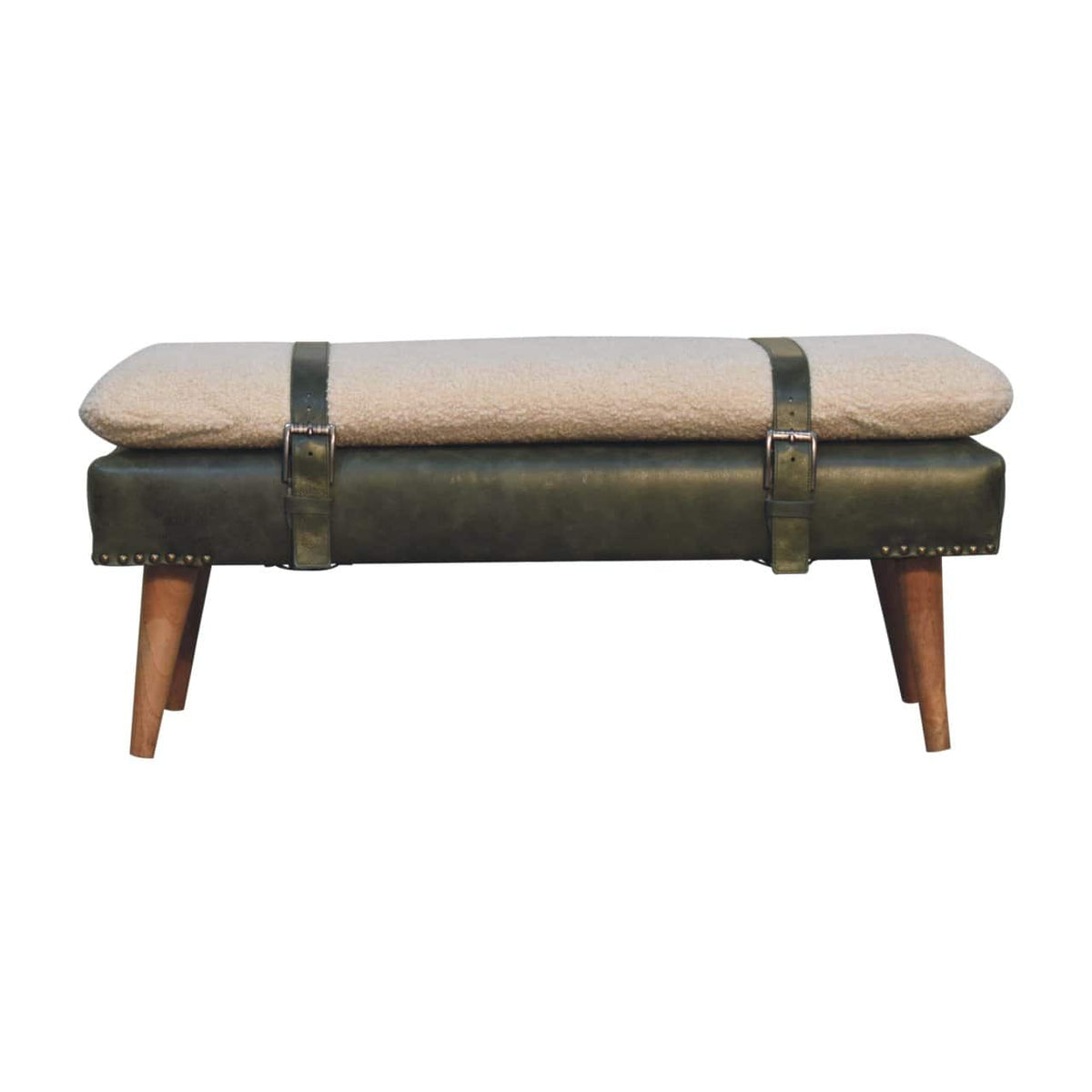 Artisan Furniture - Solid Wood BouclÃ© Buffalo Hide Olive Green Leather Bench, Upholstered - Green & Cream