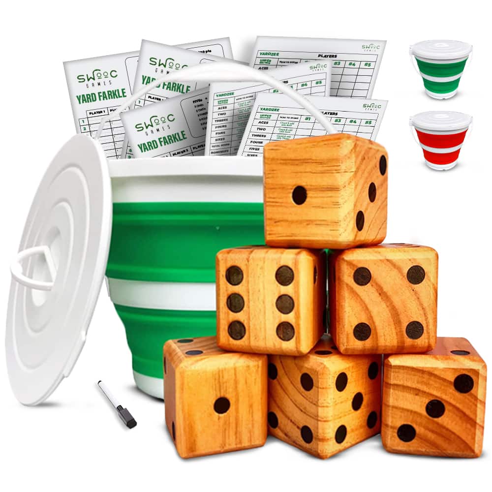 Swooc Games - Yardzee, Farkle & 20+ Games - Light-Weight Yard Dice Game (All Weather) with Collapsible Bucket, Score Cards & Marker - Green