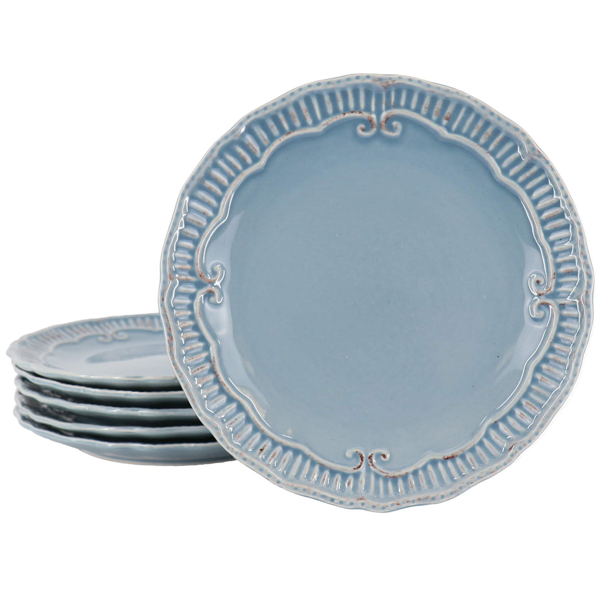 Modern Southern Home - Capri 6 Piece 11 Inch Stoneware Embossed Dinner Plate Set - Blue