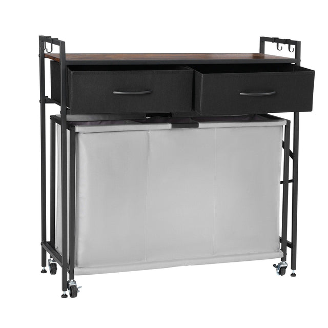 Front. VEVOR - 3 Section Laundry Sorter, Rolling Laundry Hamper with 2 Drawers, Hooks & Wheels, Rolling Basket Organizer Storage - Black,Brown.