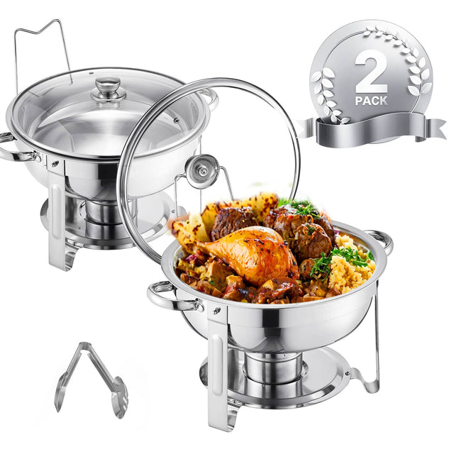 Front. VEVOR - Chafing Dish Buffet Set, 5 Qt 2 Pack, Stainless Steel Chafer with 2 Full Size Pan, Round Catering Warmer Server - Silver.