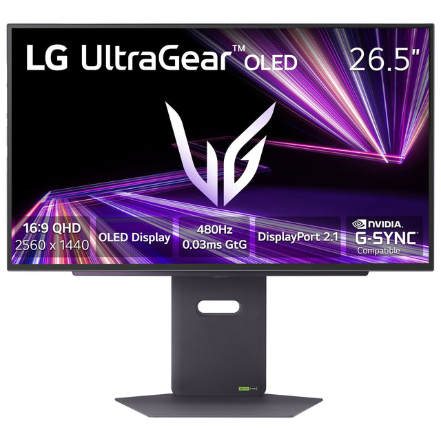 LG UltraGear OLED 26.5"  
16:9 QHD 2560 x 1440  
OLED Display  
480Hz  
0.03ms GtG  
DisplayPort 2.1  
NVIDIA G-SYNC Compatible