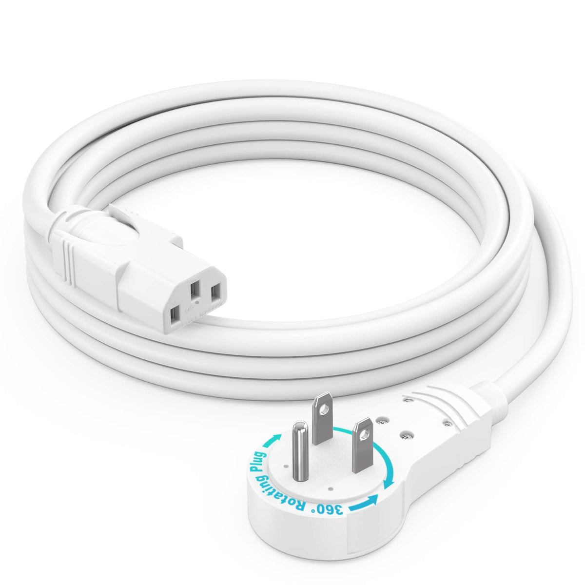Maximm - Monitor Computer Power Cord 2 Ft Flat Plug 360° Rotating PC Cable 3 Prong, 16 AWG NEMA 5-15P to IEC13 - UL Certified - White