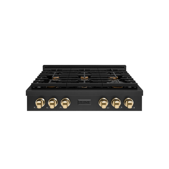 Front. ZLINE - 36 in. Wide 6 Burner AutographParamount Rangetop with Gold Accents (SRTBZ-36-G) - Black Stainless Steel.