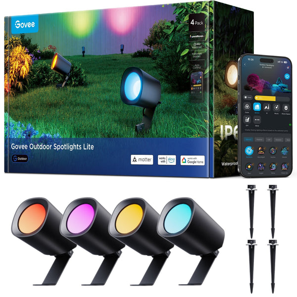 Govee - Outdoor Spotlights Lite 4 Pack, IP67 Waterproof Spotlights, RGBWIC Color Changing Light for Outdoor - Black