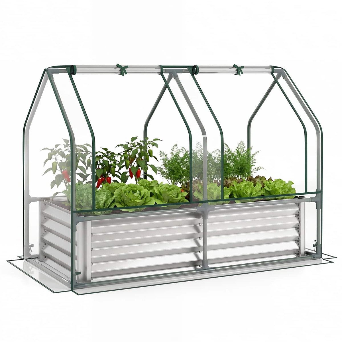Gymax - 4 x 2 x 3 FT Small Galvanized Raised Garden Bed w/Greenhouse Cover Windows Sliver & Transparent - Silver