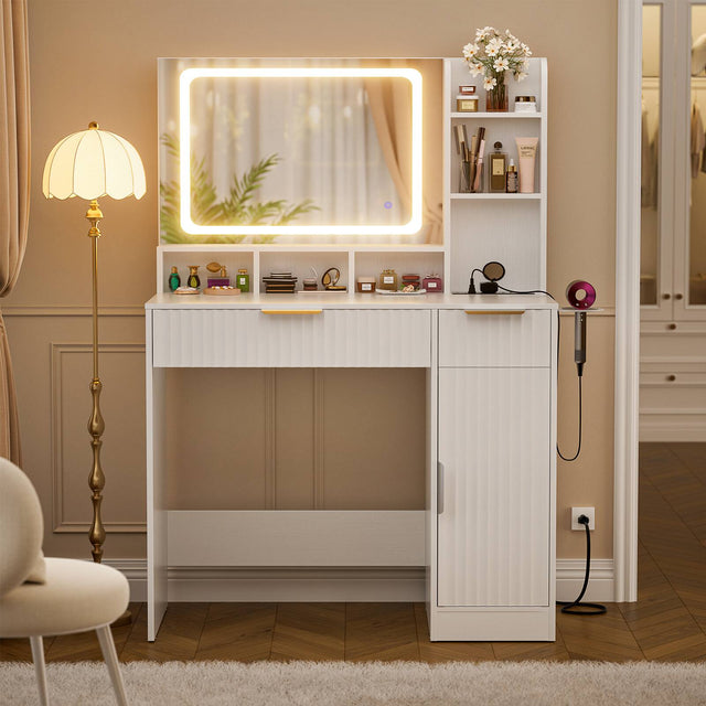 Front. Aheaplus - Fluted Makeup Vanity Desk with Lighted Mirror and Drawers, Wooden Vanity Table with Outlets and Storage Cabinet - White.