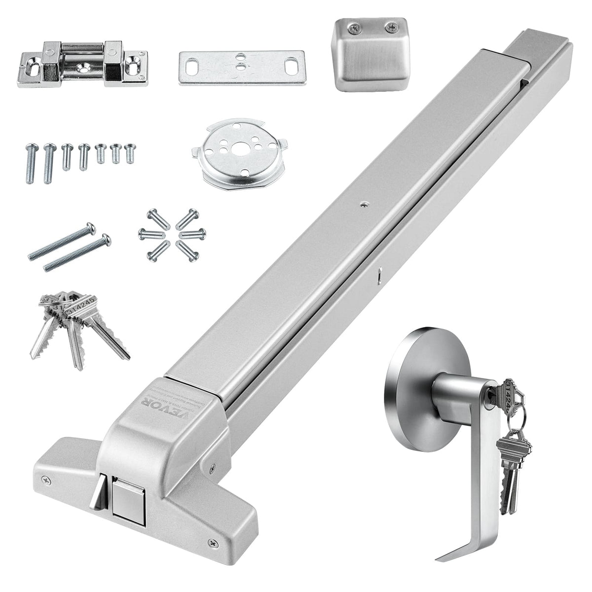 VEVOR - Push Bar Door Locks, Carbon Steel Panic Bars for Exit Doors, with Exterior Lever and 3 Keys, Push Bar Panic Exit Device - Silver