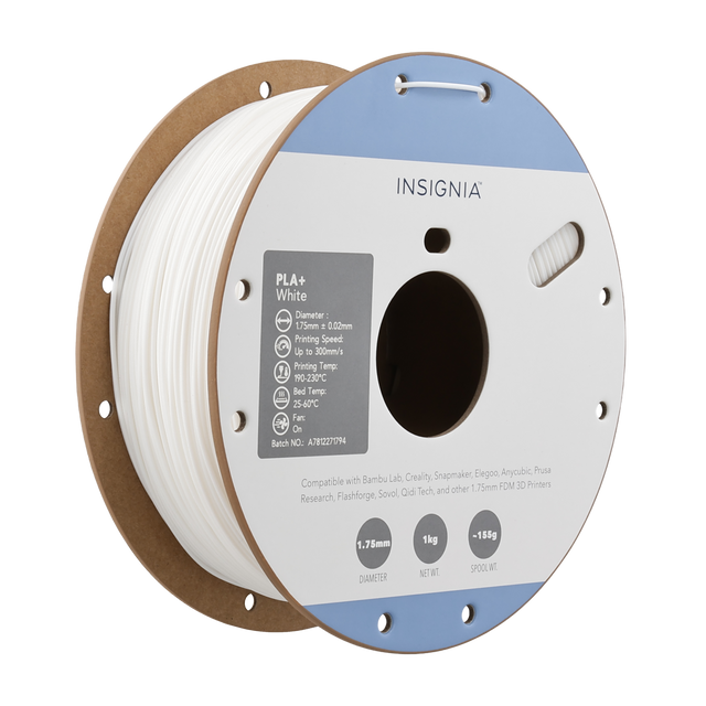 INSIGNIA PLA+ White  
Diameter: 1.75mm ± 0.02mm  
Printing Speed: Up to 300mm/s  
Printing Temp: 190-230°C  
Bed Temp: 25-60°C  
Fan: On  
Batch No.: A7812271794  

Compatible with Bambu Lab, Creality, Snapmaker, Elegoo, Anycubic, Prusa, Research, Flashforge, Sovol, Qidi Tech, and other 1.75mm FDM 3D Printers  

1.75mm  
1kg - 155g  
DIAMETER NET WT.