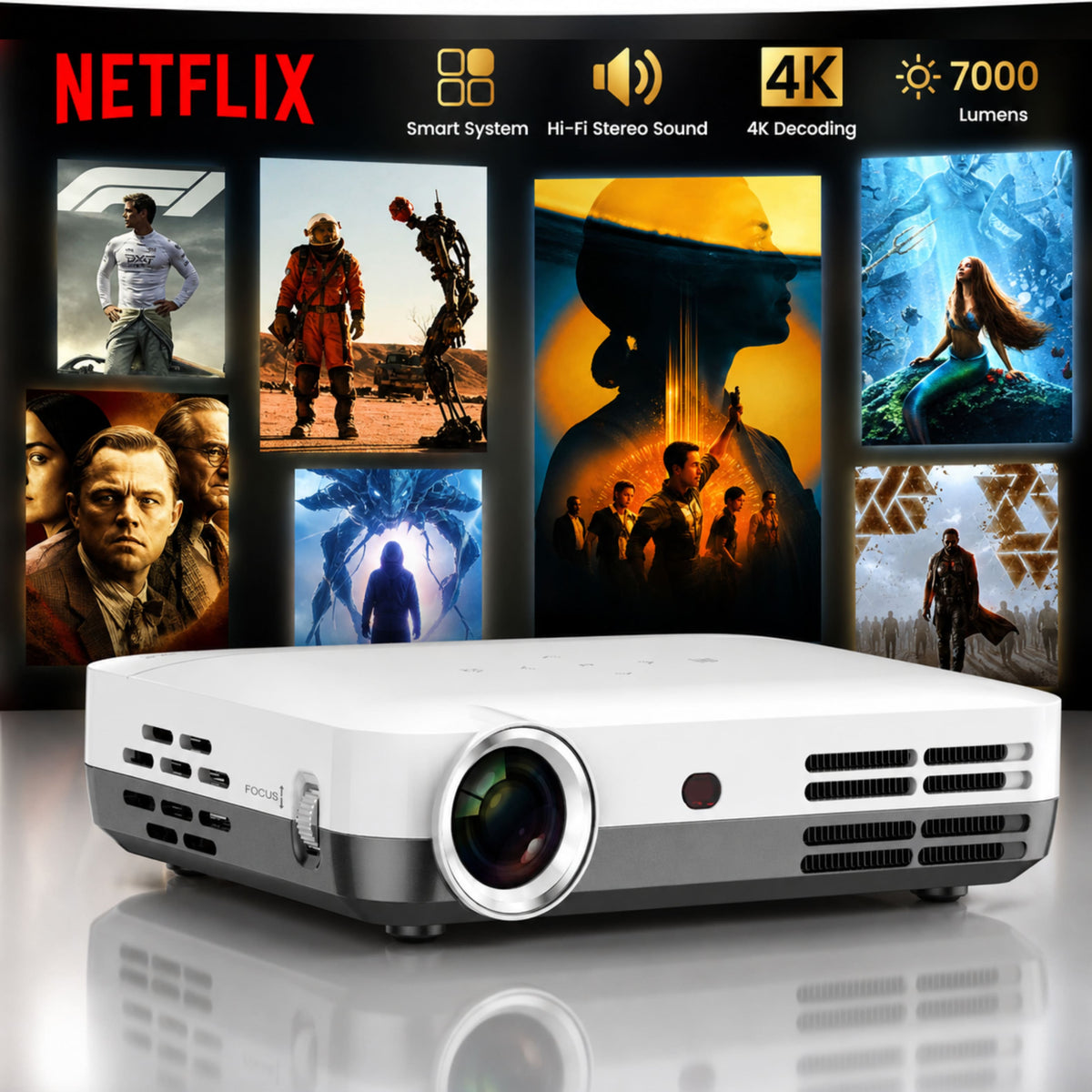 【Projector Screen, Mount & 3D Glasses Included】 Boss S7 4K Projector 7000 Lumens Projector, 4K Short Throw Projector - White