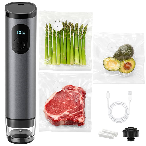 Gvode - Metal Handheld Vacuum Sealer: 60kPa Cordless Food Sealer with 1500mAh Battery, 30 Reusable Bags & Wine Stopper - Gray